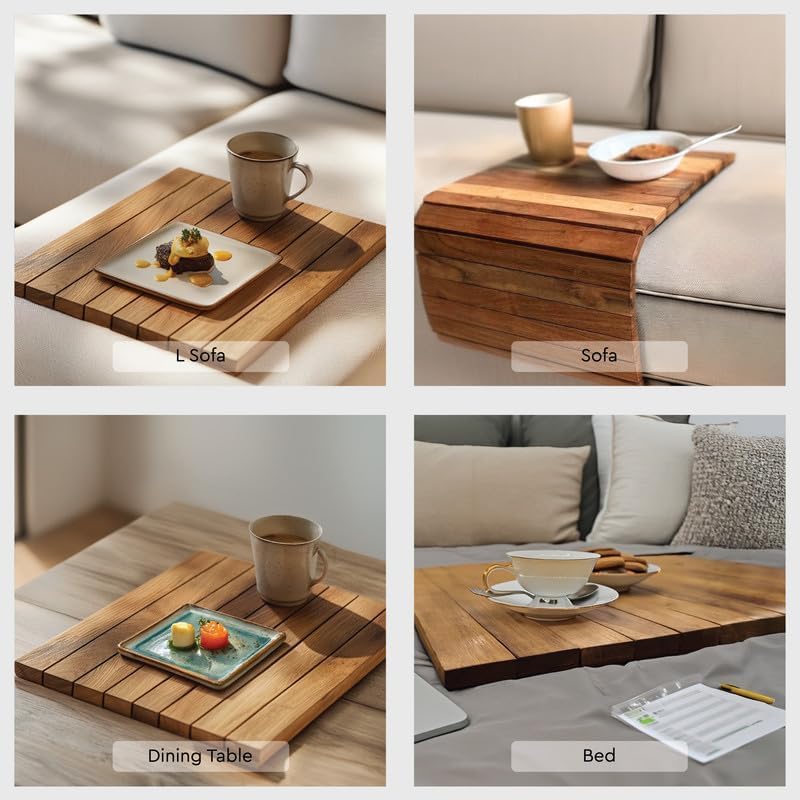 Sysi Home Wooden Flexible Tray | Foldable Dining Table Mat | Sofa Armrest Tray | Wooden Table Mat For Food Drinks & Snacks (Brow